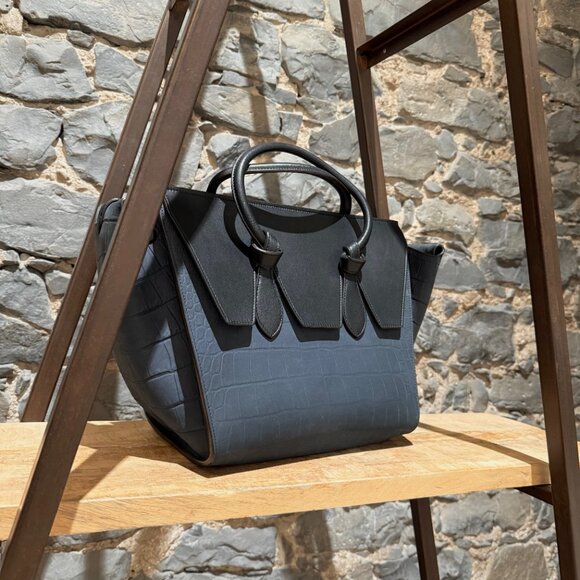 Céline Midnight Blue Croc Embossed Nubuck Small Tie Tote - Picture 2 of 15